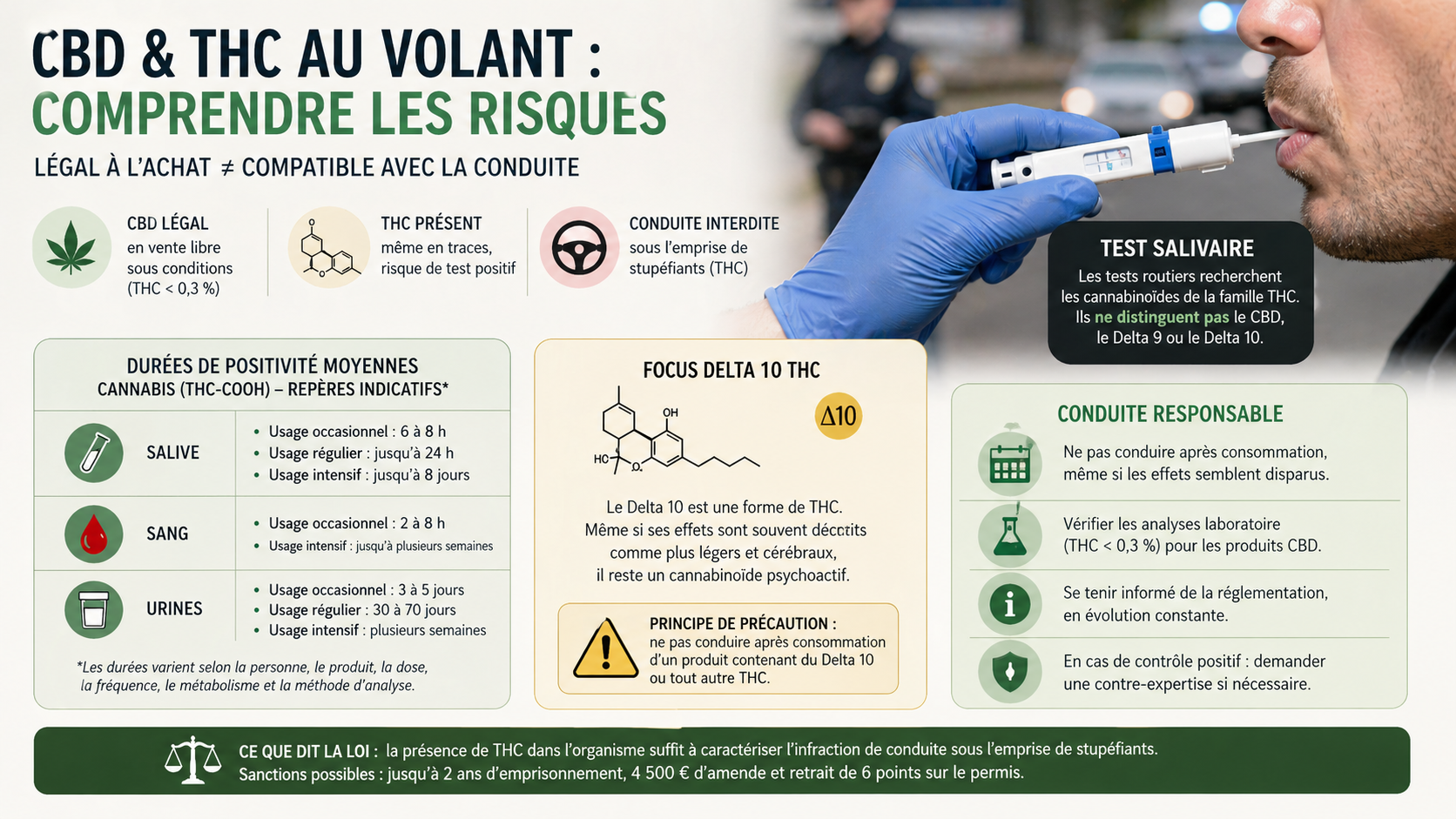 Durée de positivité THC test salivaire CBD Delta 10 et conduite responsable