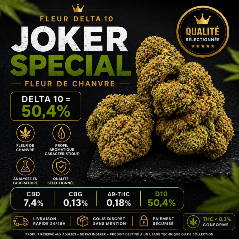 Joker Special D10 50% fleur de chanvre analysée en laboratoire CBD 7.4% THC 0.18% MJ Store
