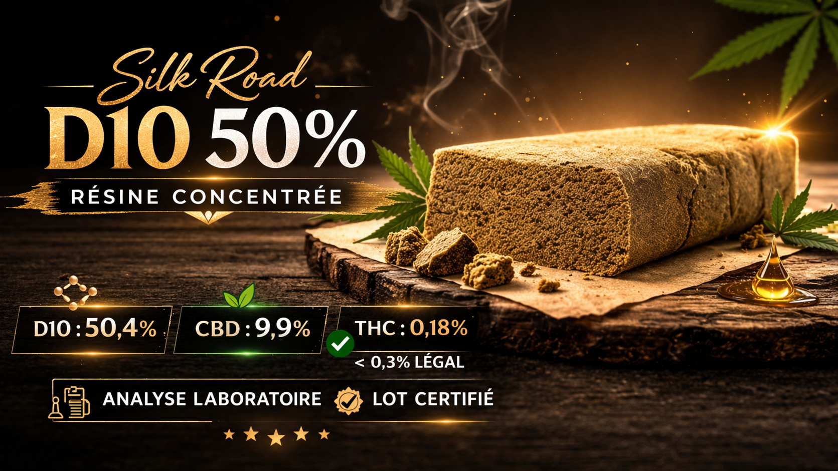 Résine Silk Road D10 50 CBD D10 avec analyse laboratoire MJ Store