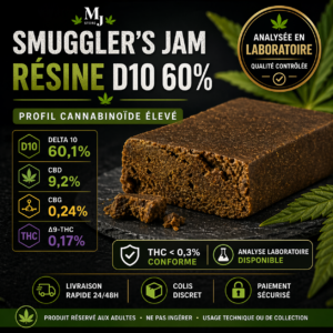 Smuggler’s Jam D10 60% résine de chanvre analysée en laboratoire CBD 9.2% THC 0.17% MJ Store
