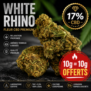 White Rhino CBD 17 pourcent fleur premium offre 10g offerts cannabis légal relaxation