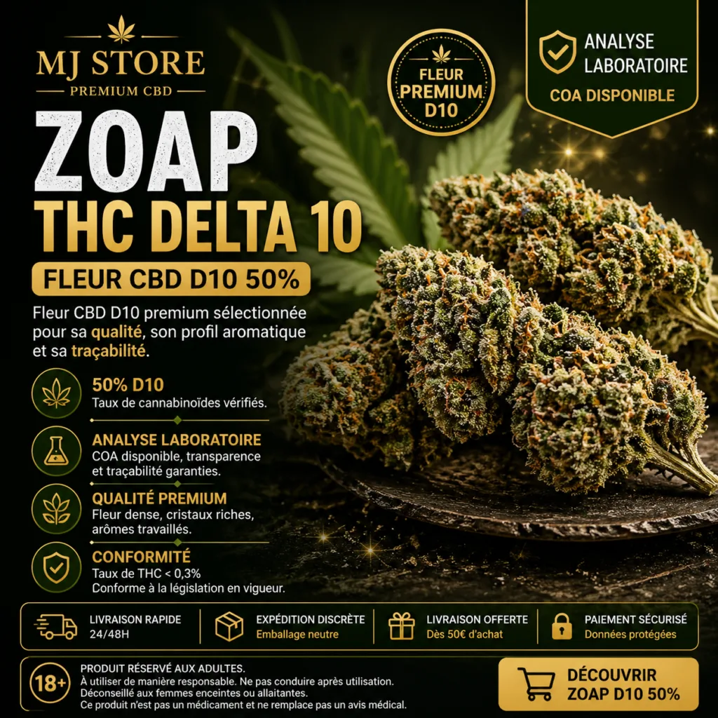Zoap THC Delta 10 fleur CBD D10 50 avec analyse laboratoire MJ Store