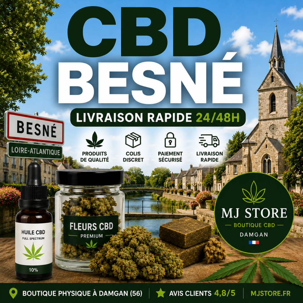CBD Besné livraison rapide avec MJ Store, fleurs CBD, résines CBD, huiles CBD, Delta 10, promotions et avis Google 4,8/5