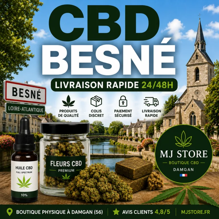 CBD Besné livraison rapide avec MJ Store, fleurs CBD, résines CBD, huiles CBD, Delta 10, promotions et avis Google 4,8/5