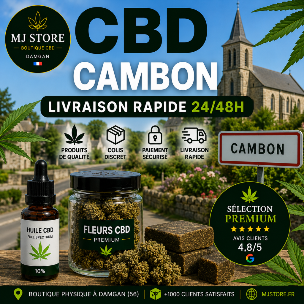 CBD Cambon livraison rapide avec MJ Store, fleurs CBD, résines CBD, huiles CBD, Delta 10, promotions et avis Google 4,8/5
