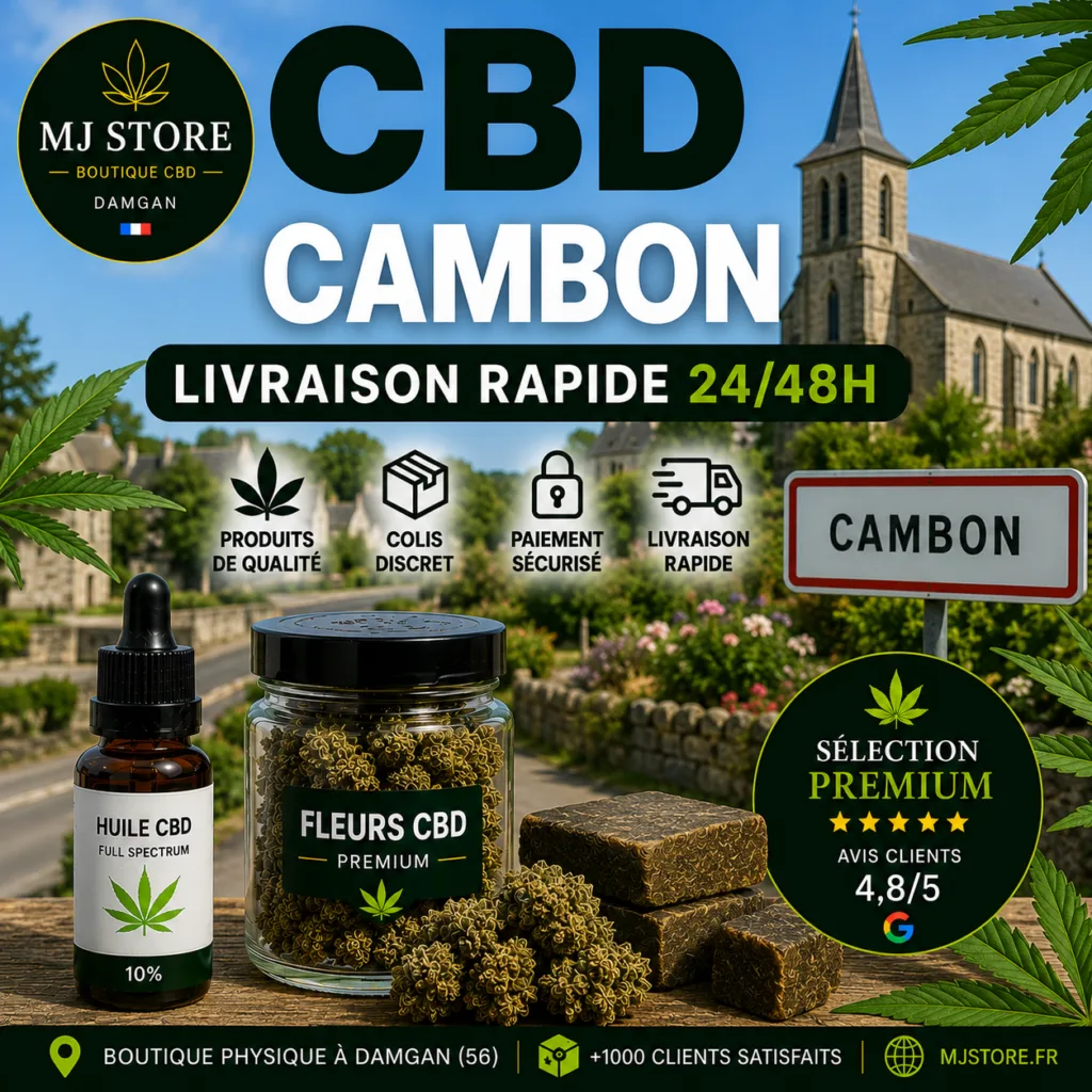 CBD Cambon livraison rapide avec MJ Store, fleurs CBD, résines CBD, huiles CBD, Delta 10, promotions et avis Google 4,8/5