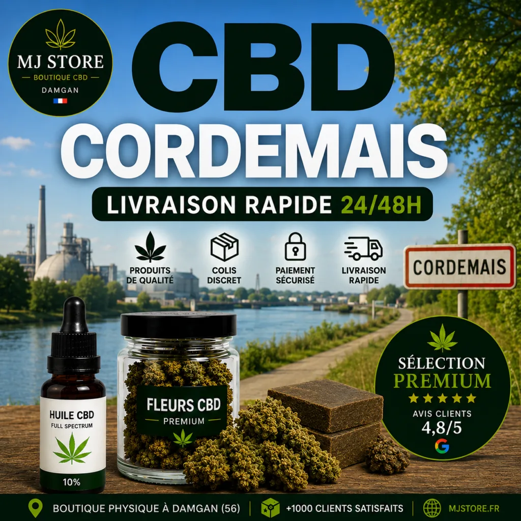 CBD Cordemais livraison rapide avec MJ Store, fleurs CBD, résines CBD, huiles CBD, Delta 10, promotions et avis Google 4,8/5