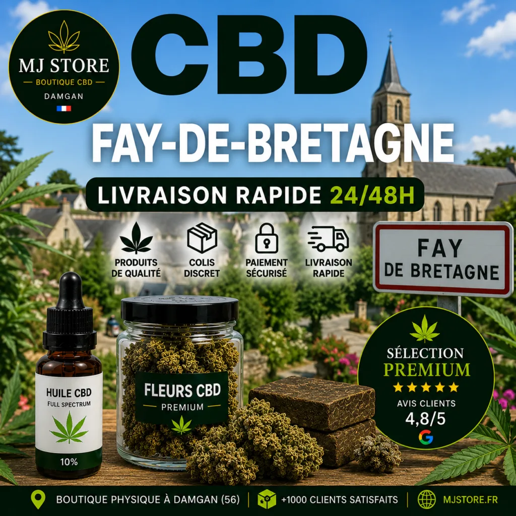 CBD Fay-de-Bretagne livraison rapide avec MJ Store, fleurs CBD, résines CBD, huiles CBD, Delta 10, promotions et avis Google 4,8/5