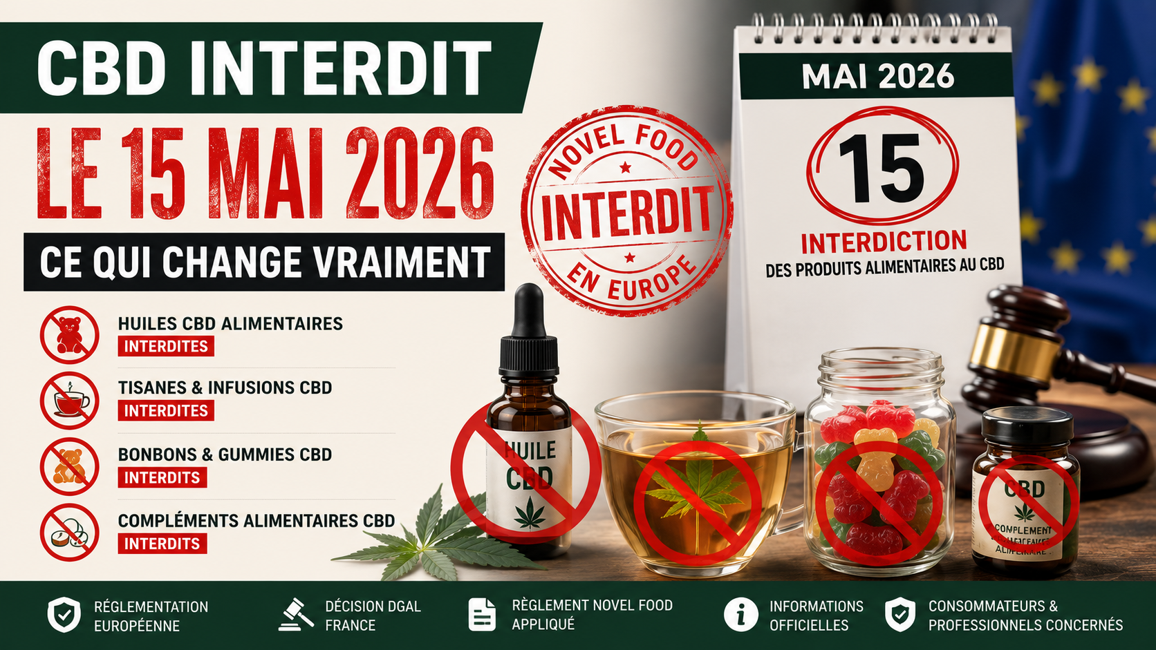 CBD interdit le 15 mai 2026 – huiles, tisanes, bonbons et produits alimentaires au CBD concernés par la réglementation Novel Food