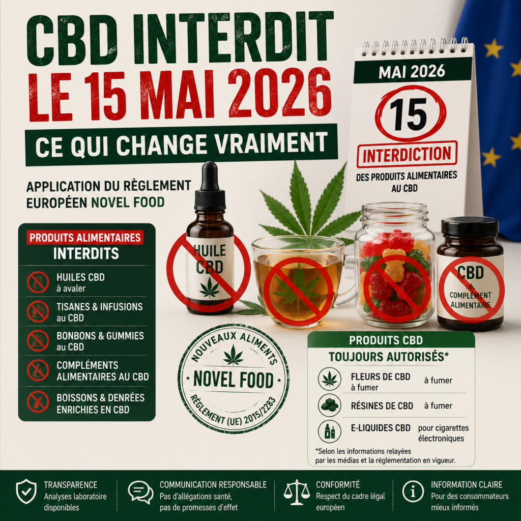 CBD interdit le 15 mai 2026 – produits alimentaires au CBD concernés par le règlement Novel Food