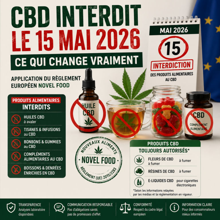 CBD interdit le 15 mai 2026 – produits alimentaires au CBD concernés par le règlement Novel Food