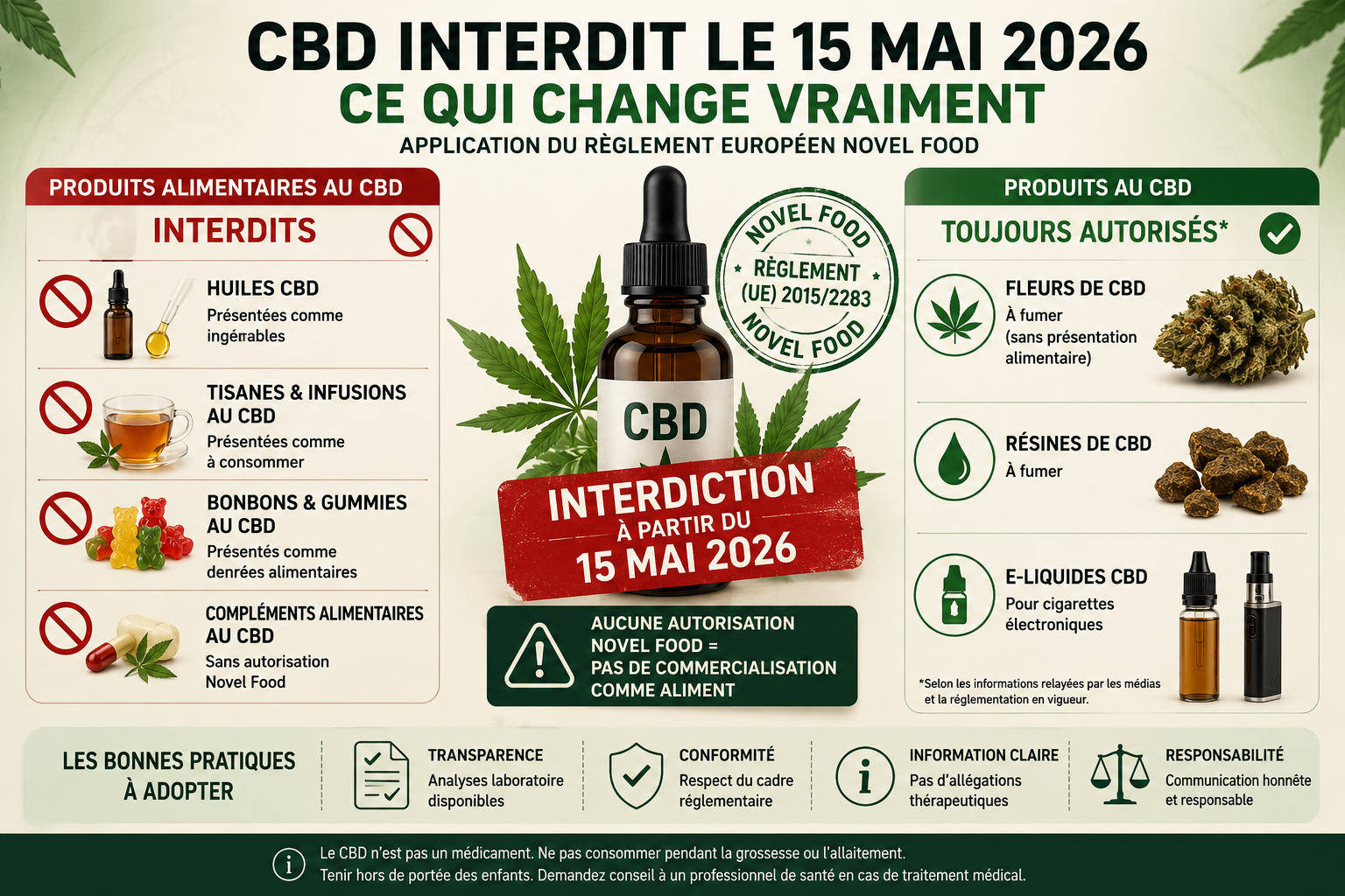 CBD interdit le 15 mai 2026 – produits alimentaires interdits et produits CBD encore autorisés selon le règlement Novel Food