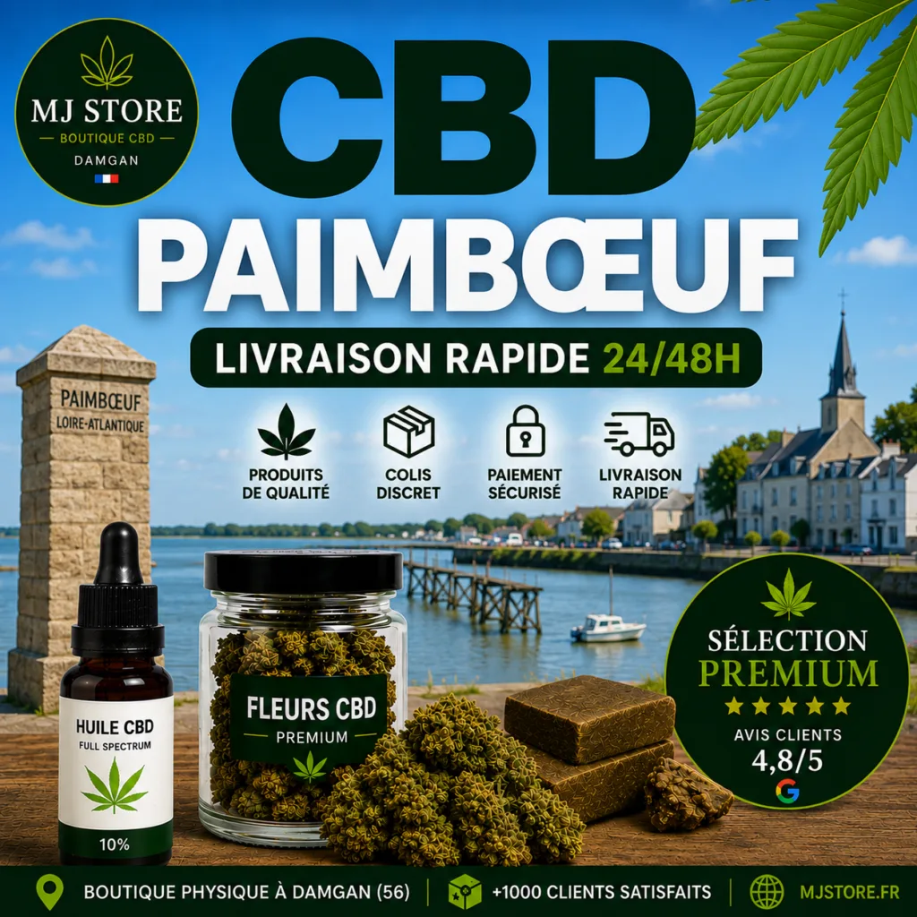 CBD Paimbœuf livraison rapide avec MJ Store, fleurs CBD, résines CBD, huiles CBD, Delta 10, promotions et avis Google 4,8/5