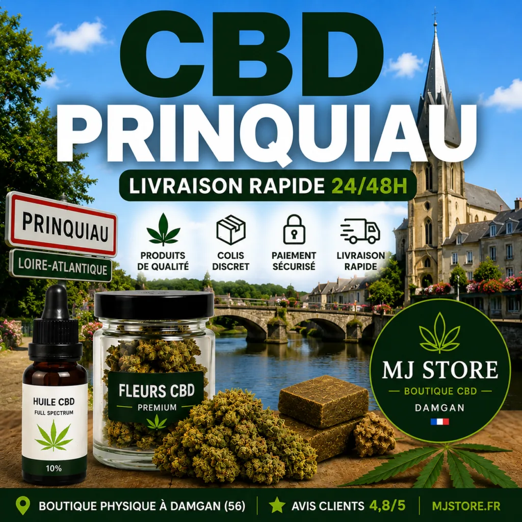 CBD Prinquiau livraison rapide avec MJ Store, fleurs CBD, résines CBD, huiles CBD, Delta 10, promotions et avis Google 4,8/5