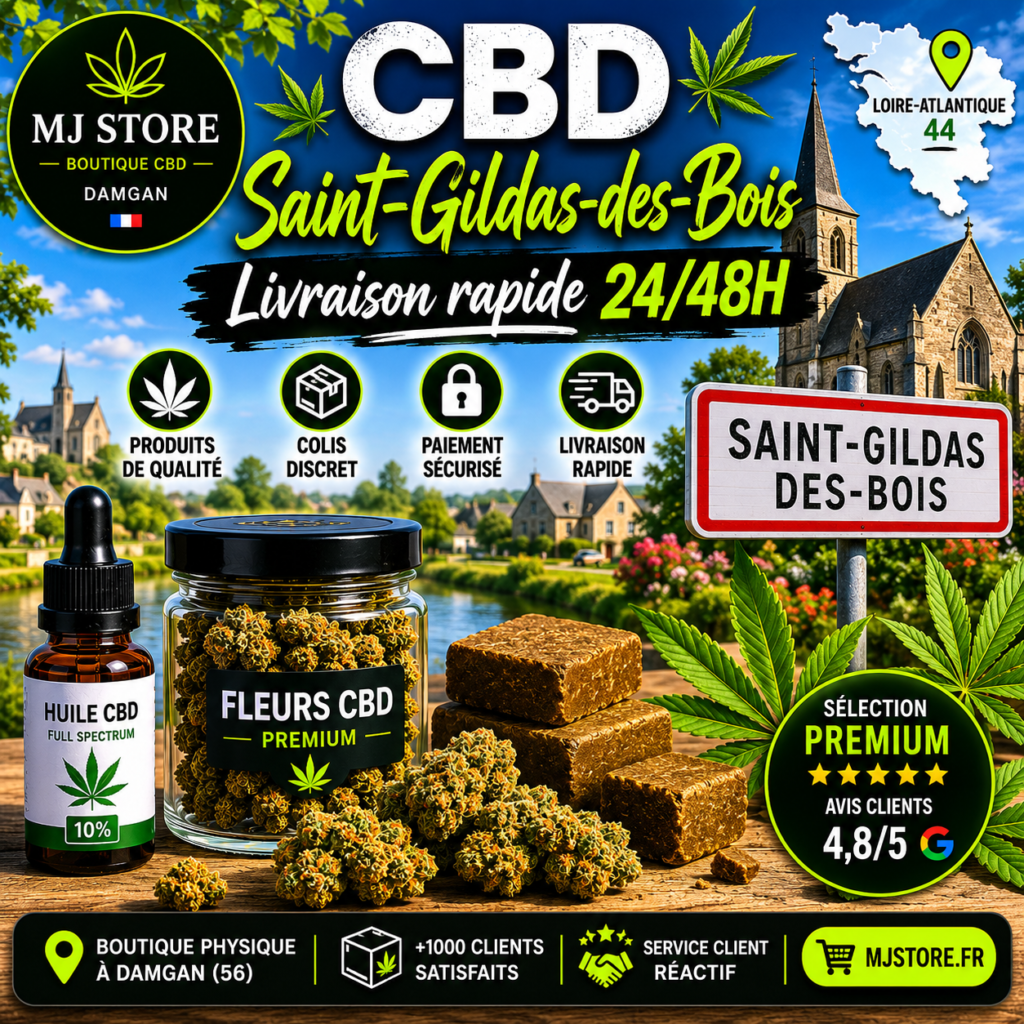 CBD Saint-Gildas-des-Bois livraison rapide avec MJ Store, fleurs CBD, résines CBD, huiles CBD, Delta 10, promotions et avis Google 4,8/5