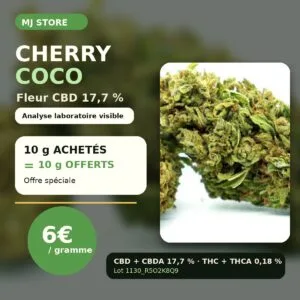 Fleur CBD Cherry Coco 17,7 % en promotion 10 g achetés 10 g offerts chez MJ Store