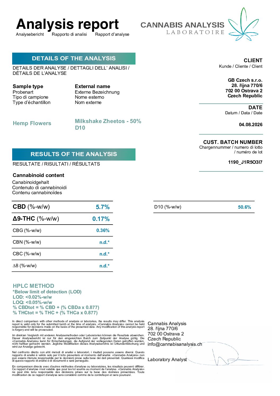 Certificat d’analyse Milkshake Zheetos D10, lot 1190_J1R5O3I7