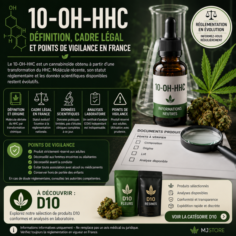 Illustration 10-OH-HHC avec flacon, documents produit et encart D10 sur fond vert