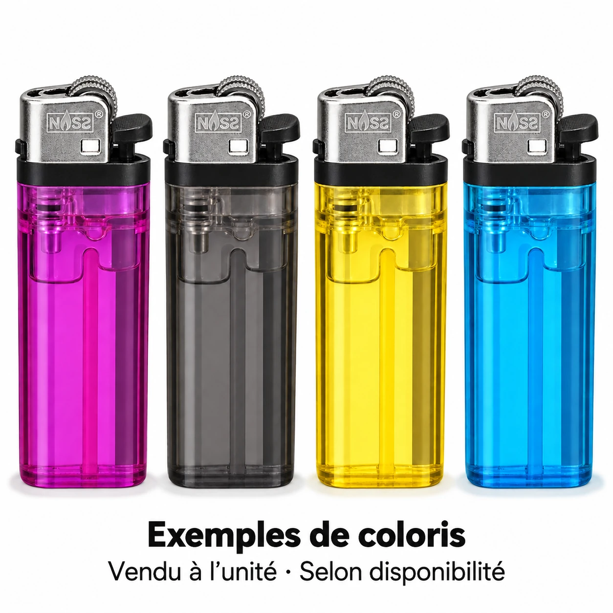 Exemples de coloris du briquet jetable à pierre, vendu à l’unité selon disponibilité
