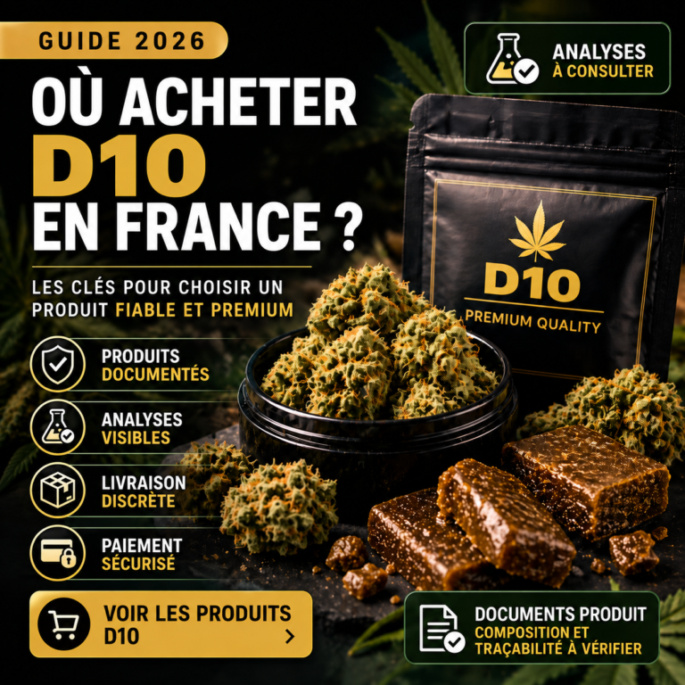 Fleurs et résine de chanvre avec un sachet D10 sur un visuel noir et doré
