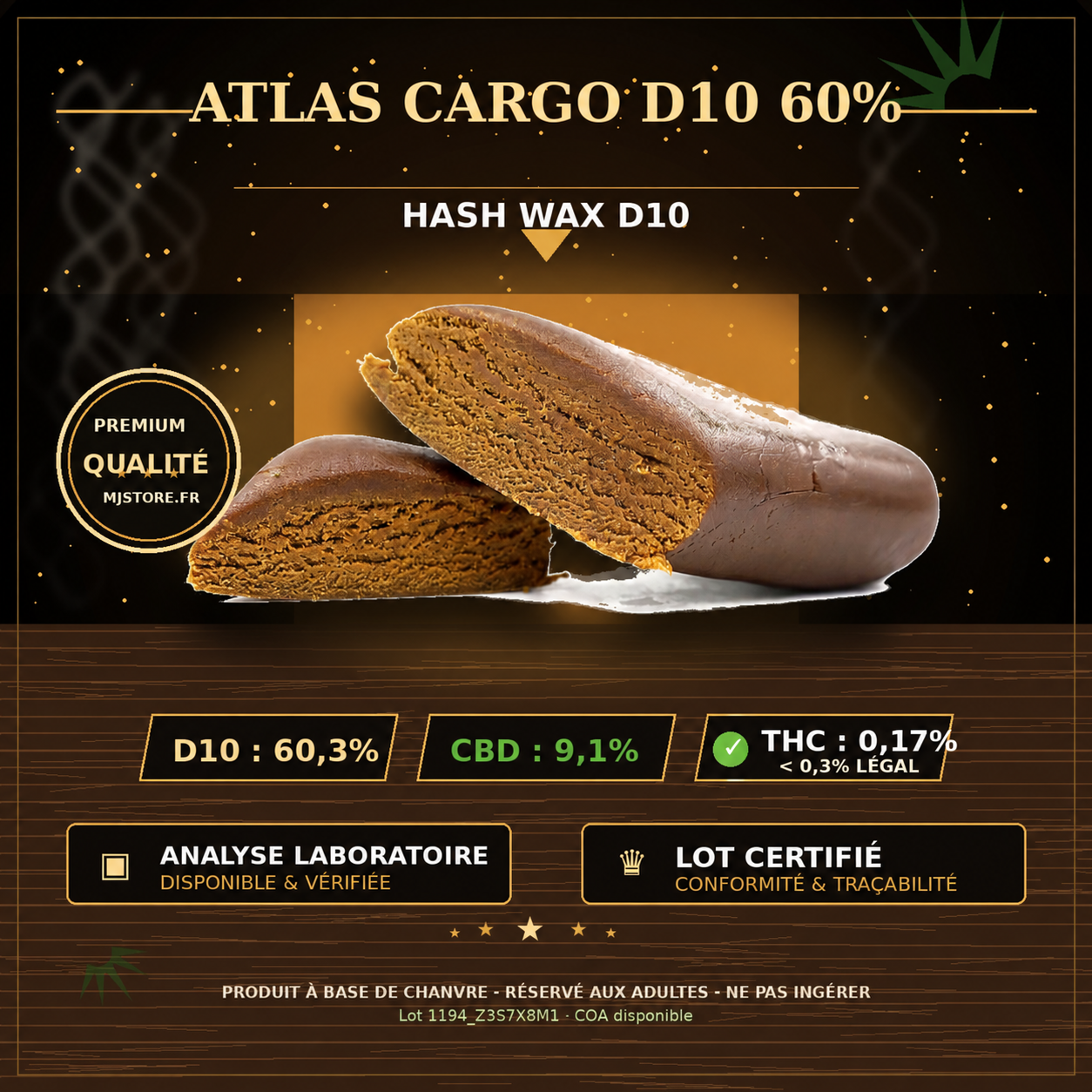 Deux morceaux de hash wax Atlas Cargo D10 60 % sur fond sombre et doré