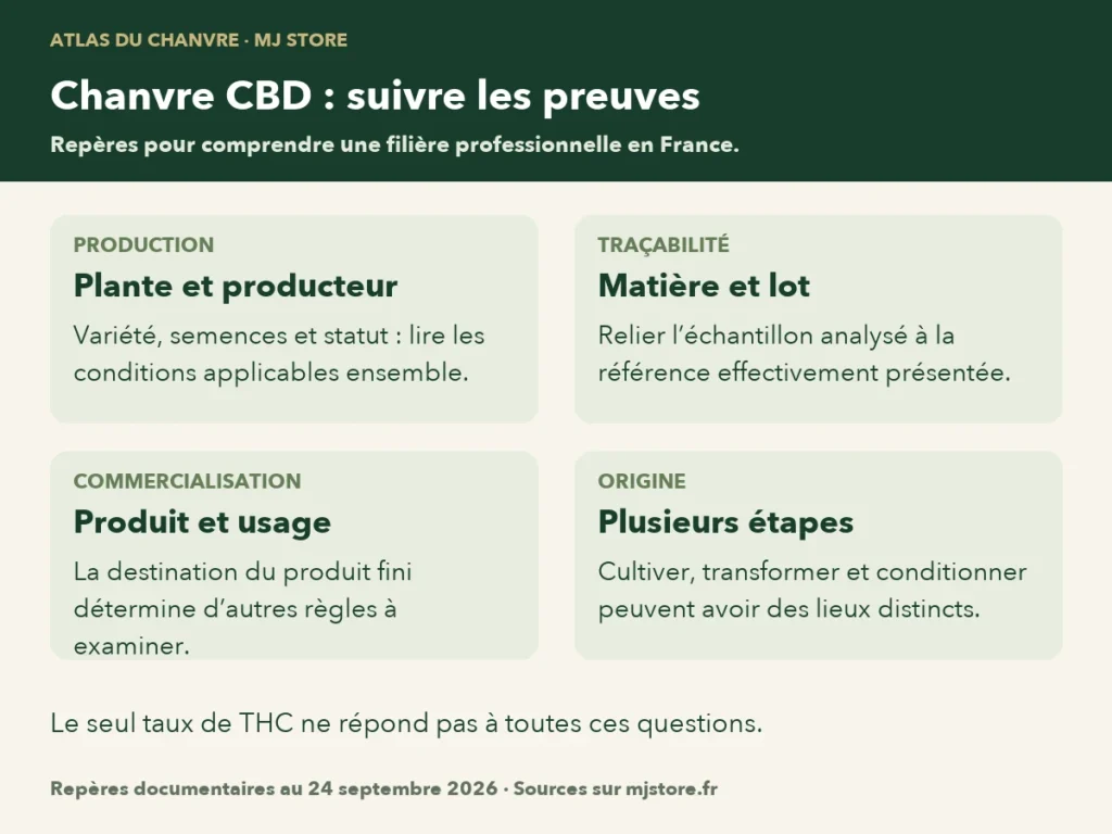 Trois vérifications distinctes : conditions de production de la plante ; identité, lot et analyse de la matière ; catégorie et règles du produit fini.