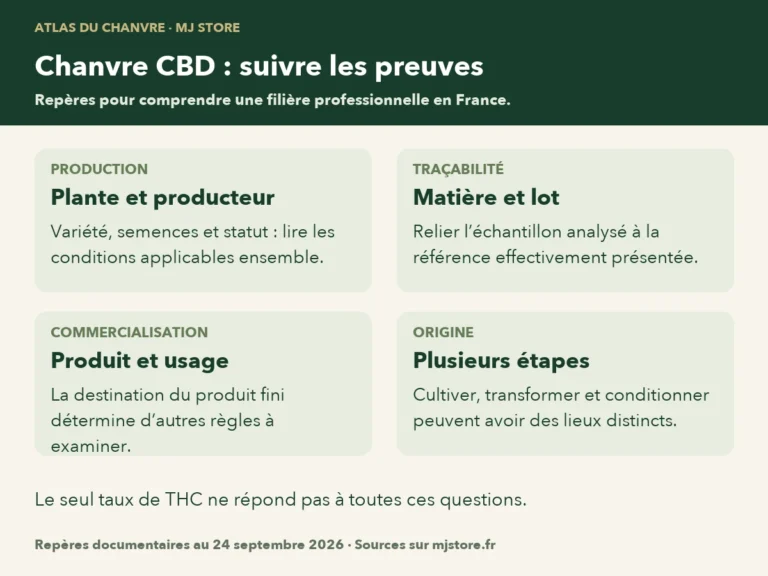 Trois vérifications distinctes : conditions de production de la plante ; identité, lot et analyse de la matière ; catégorie et règles du produit fini.