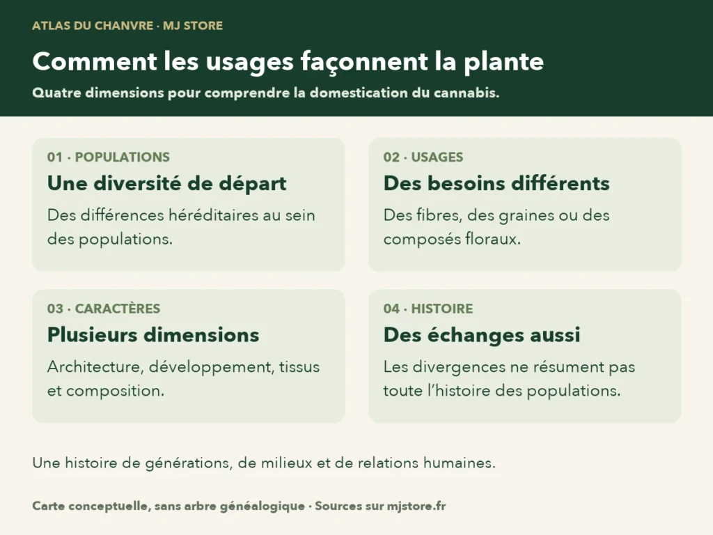 Quatre dimensions pour comprendre la domestication du cannabis : diversité des populations, usages humains, caractères héritables et échanges entre populations. Carte de lecture conceptuelle, sans arbre généalogique ni échelle de temps.