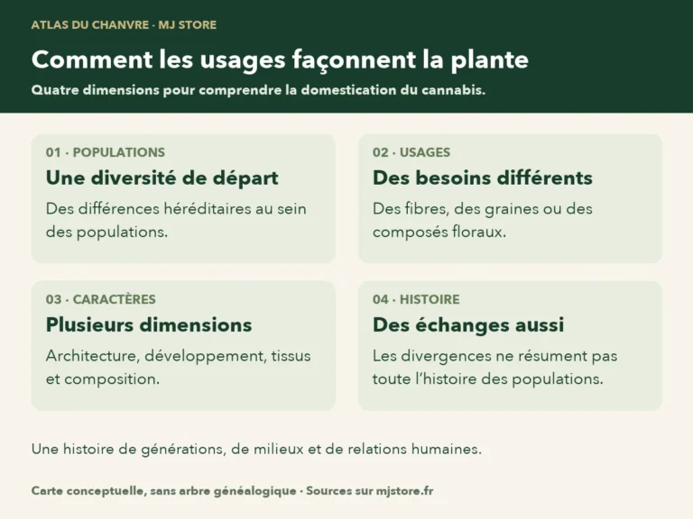 Quatre dimensions pour comprendre la domestication du cannabis : diversité des populations, usages humains, caractères héritables et échanges entre populations. Carte de lecture conceptuelle, sans arbre généalogique ni échelle de temps.