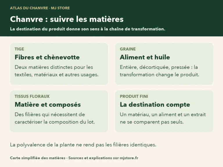Tige : fibres et chènevotte ; graine : aliment et huile de graines ; tissus floraux : matière végétale et composés spécialisés. La destination détermine les critères du produit.