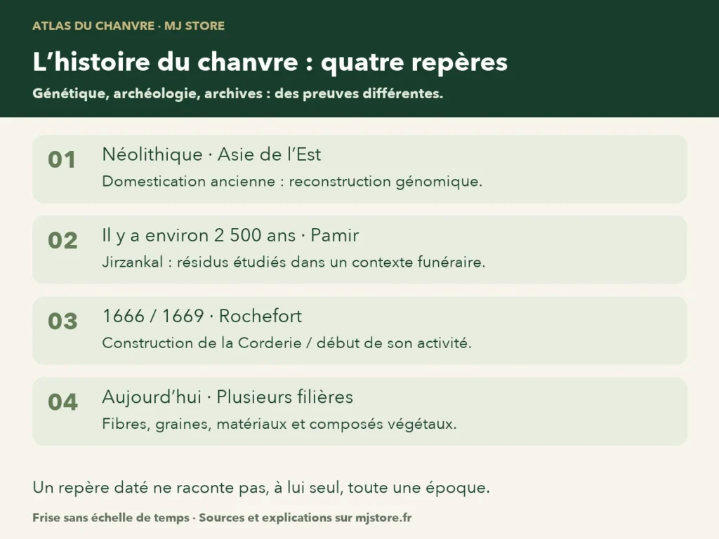 Quatre repères : domestication au Néolithique d’après une étude génomique ; traces de Jirzankal il y a environ 2 500 ans ; Corderie de Rochefort construite à partir de 1666 et active en 1669 ; diversité des filières actuelles. La frise ne respecte pas une échelle de temps.