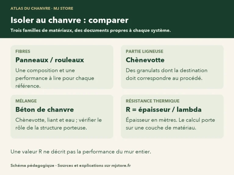 Panneau de fibres, chènevotte et béton de chanvre : trois produits différents. La performance thermique dépend notamment de l’épaisseur et de la conductivité ; la paroi doit être étudiée dans son ensemble.