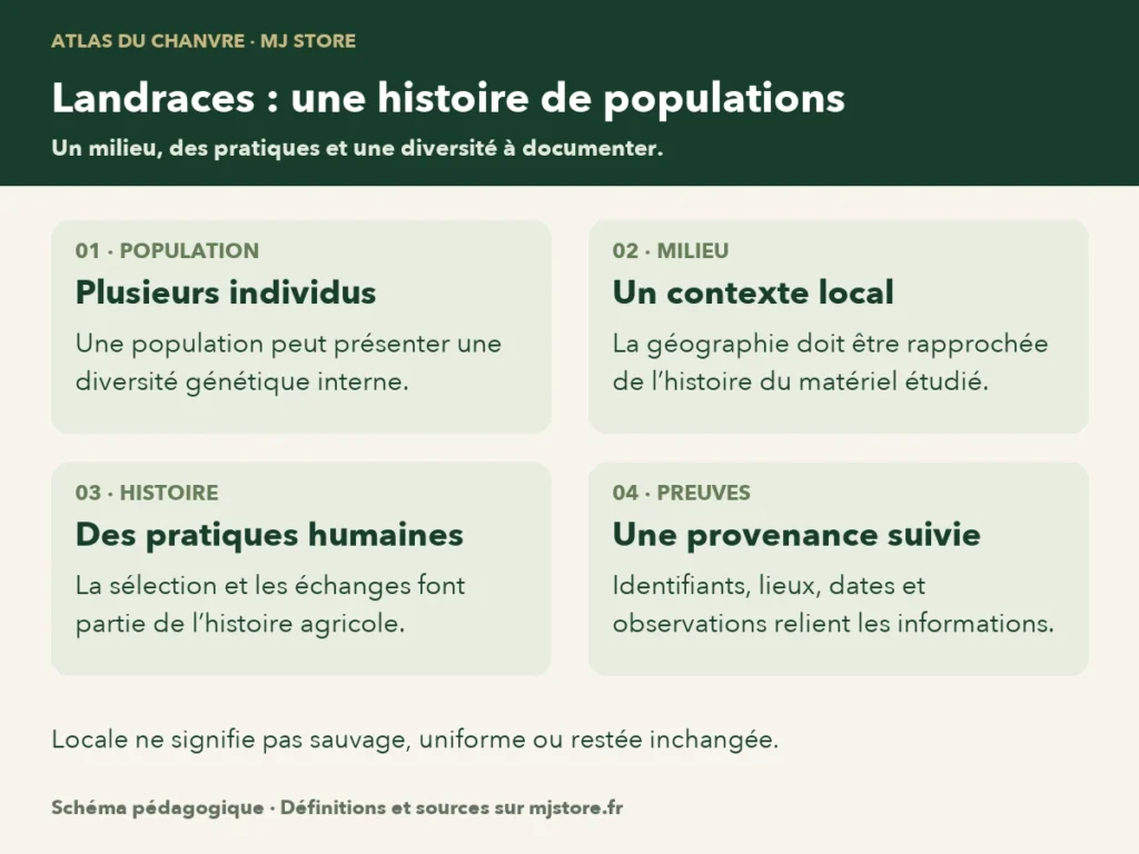 Une landrace associe une population végétale, un milieu local et une histoire de pratiques humaines. La documentation de sa provenance permet de relier ces dimensions ; un nom de région seul ne suffit pas.