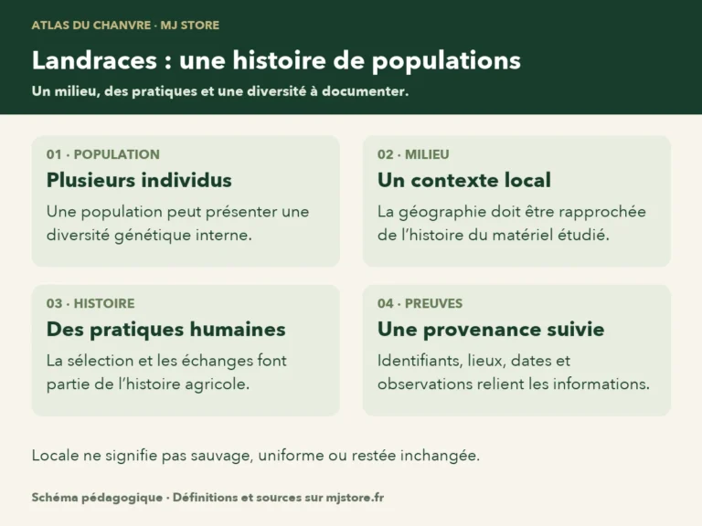 Une landrace associe une population végétale, un milieu local et une histoire de pratiques humaines. La documentation de sa provenance permet de relier ces dimensions ; un nom de région seul ne suffit pas.