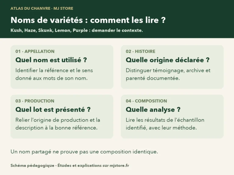 Lecture d’un nom commercial : repérer les mots employés, identifier ce qui est revendiqué, puis rechercher la preuve adaptée. Le nom, l’ascendance, la production et l’analyse du lot sont des informations distinctes.