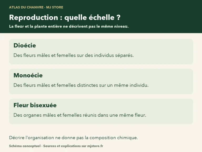 Trois niveaux de lecture : fleurs mâles et femelles sur des pieds séparés pour la dioécie ; fleurs distinctes sur un même pied pour la monoécie ; organes mâles et femelles réunis dans une même fleur pour une fleur bisexuée.