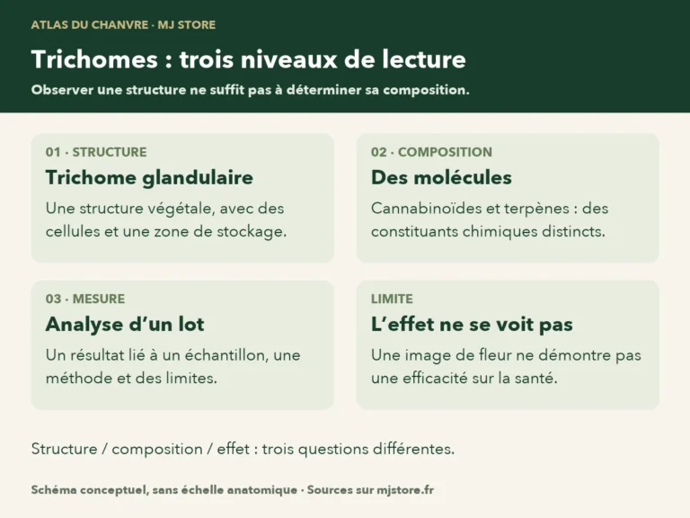 Trois niveaux distincts : le trichome est une structure végétale, les cannabinoïdes et terpènes sont des constituants chimiques, le certificat d’analyse renseigne un échantillon identifié.