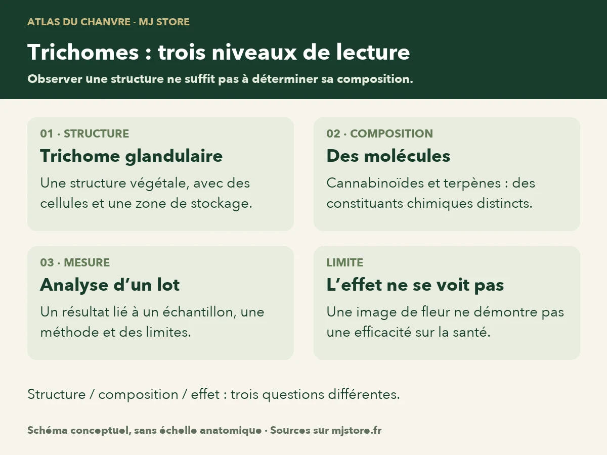 Trois niveaux distincts : le trichome est une structure végétale, les cannabinoïdes et terpènes sont des constituants chimiques, le certificat d’analyse renseigne un échantillon identifié.