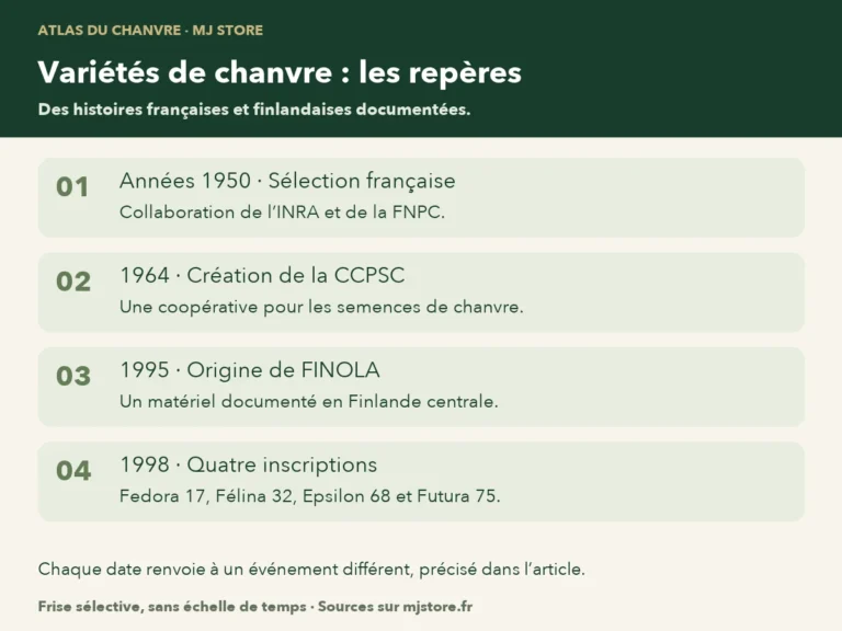 Repères historiques : début des années 1950, collaboration INRA et FNPC ; 1964, création de la CCPSC ; 1995, origine du matériel Finola documentée en Finlande ; 1998, inscription de Fedora 17, Félina 32, Epsilon 68 et Futura 75. Frise sélective sans échelle.