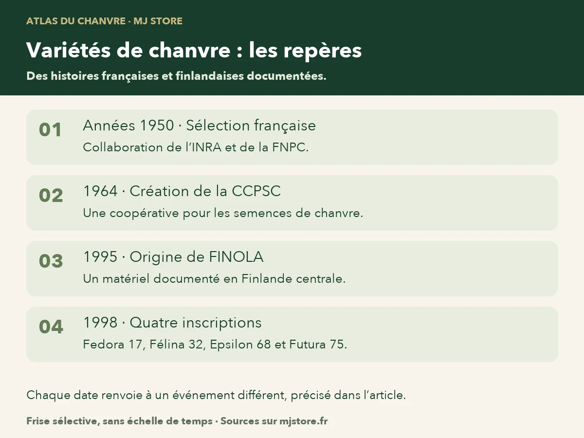 Repères historiques : début des années 1950, collaboration INRA et FNPC ; 1964, création de la CCPSC ; 1995, origine du matériel Finola documentée en Finlande ; 1998, inscription de Fedora 17, Félina 32, Epsilon 68 et Futura 75. Frise sélective sans échelle.