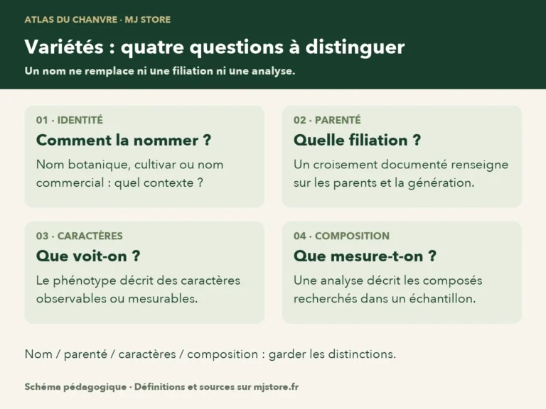 Quatre questions distinctes : comment la plante est-elle nommée ; quelle est sa parenté ; quels caractères sont observés ; quels composés sont mesurés ? Une information ne remplace pas les autres.