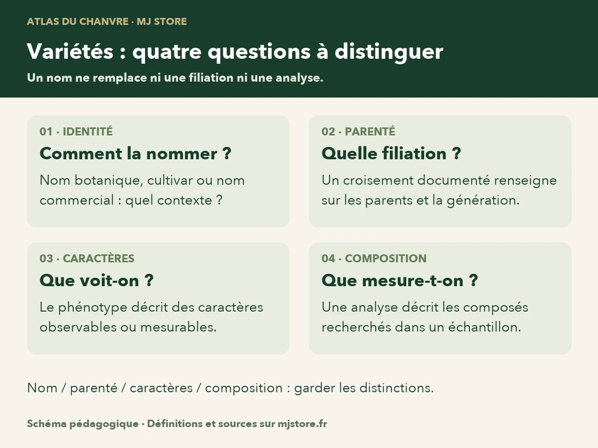 Quatre questions distinctes : comment la plante est-elle nommée ; quelle est sa parenté ; quels caractères sont observés ; quels composés sont mesurés ? Une information ne remplace pas les autres.