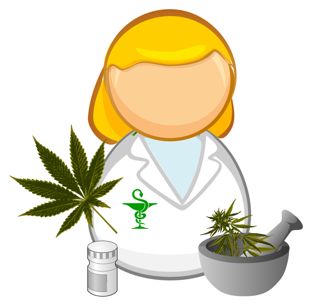 Illustration du cannabis médical avec une pharmacienne et une plante de cannabis