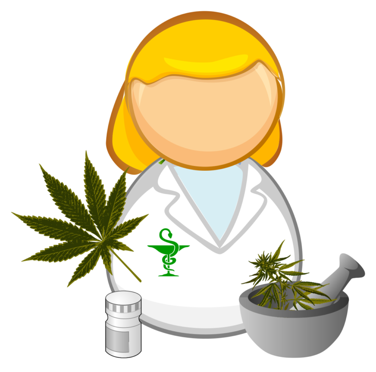 Illustration du cannabis médical avec une pharmacienne et une plante de cannabis