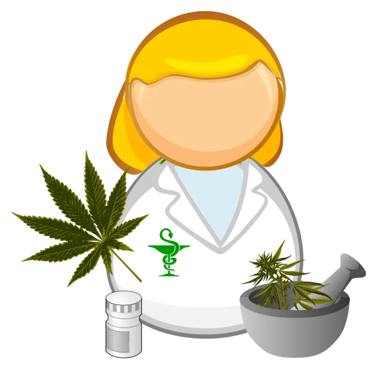 Illustration du cannabis médical avec une pharmacienne et une plante de cannabis