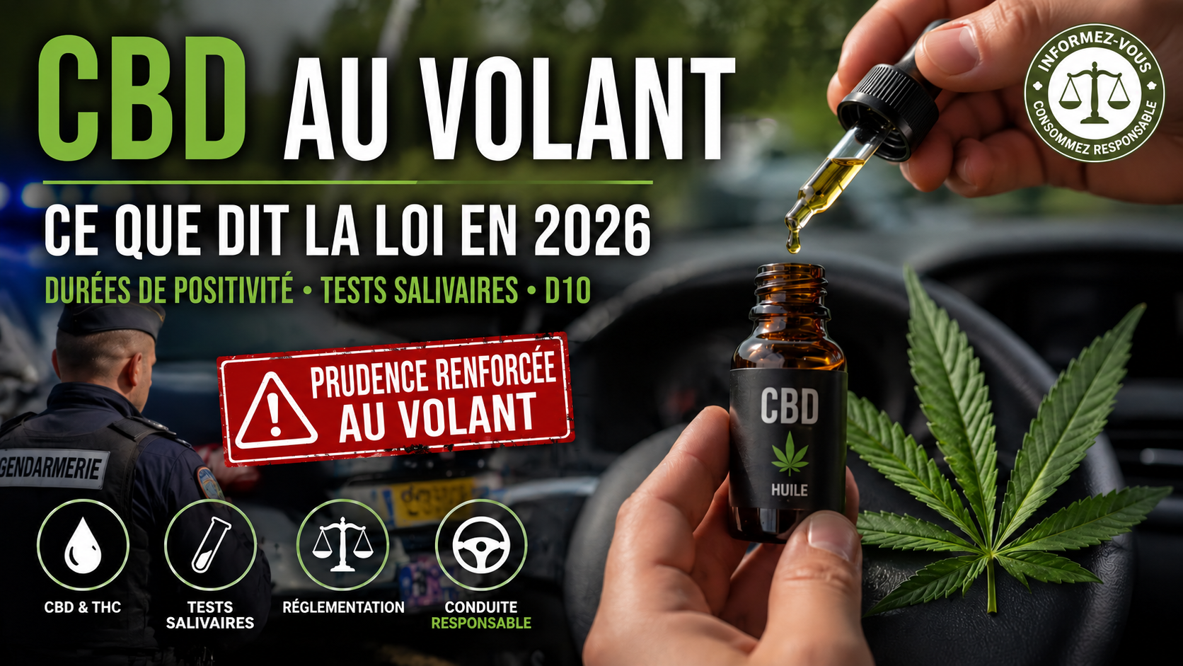 Illustration CBD au volant avec flacon, pipette, conducteur et panneau de prudence