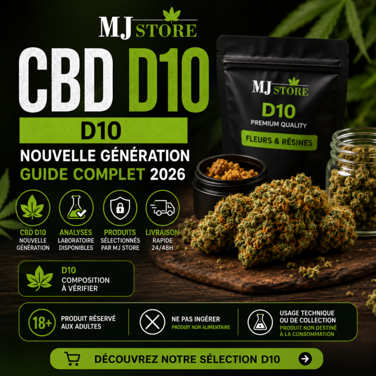 Fleurs et résines D10 avec sachet MJ Store sur fond vert sombre.