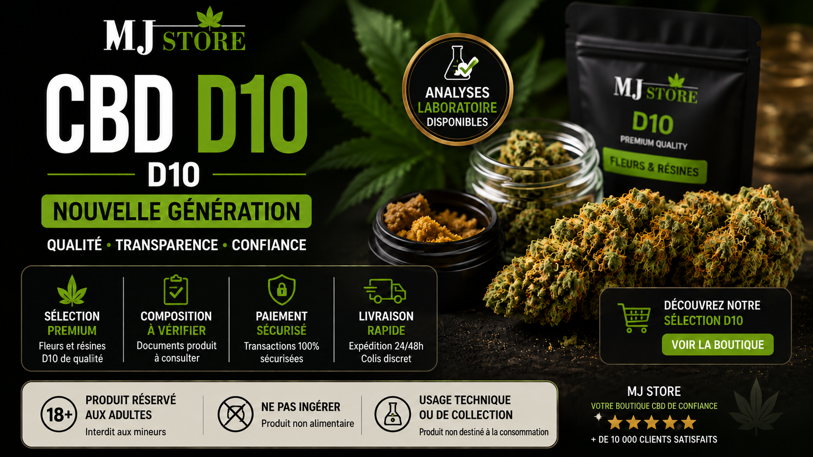 Fleurs, pots et sachet D10 dans une présentation MJ Store.