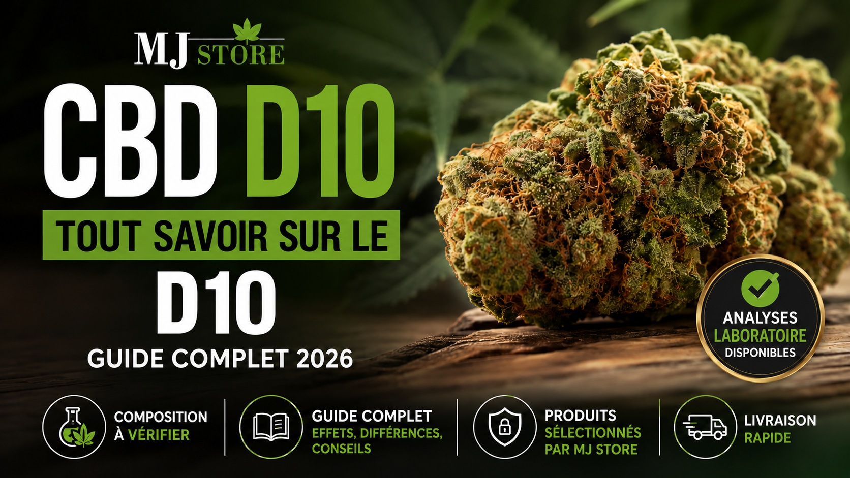 Fleur sur une planche et titre CBD D10, guide complet 2026.