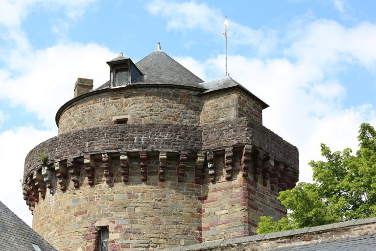 Partie haute de la tour du Papegaut à Montfort-sur-Meu, avec sa toiture en ardoise